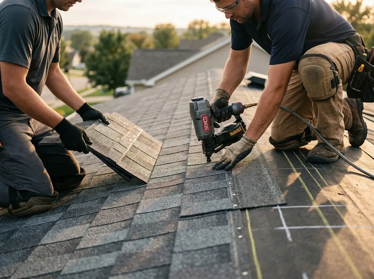 Professional roofer working on a residential roof in Algona